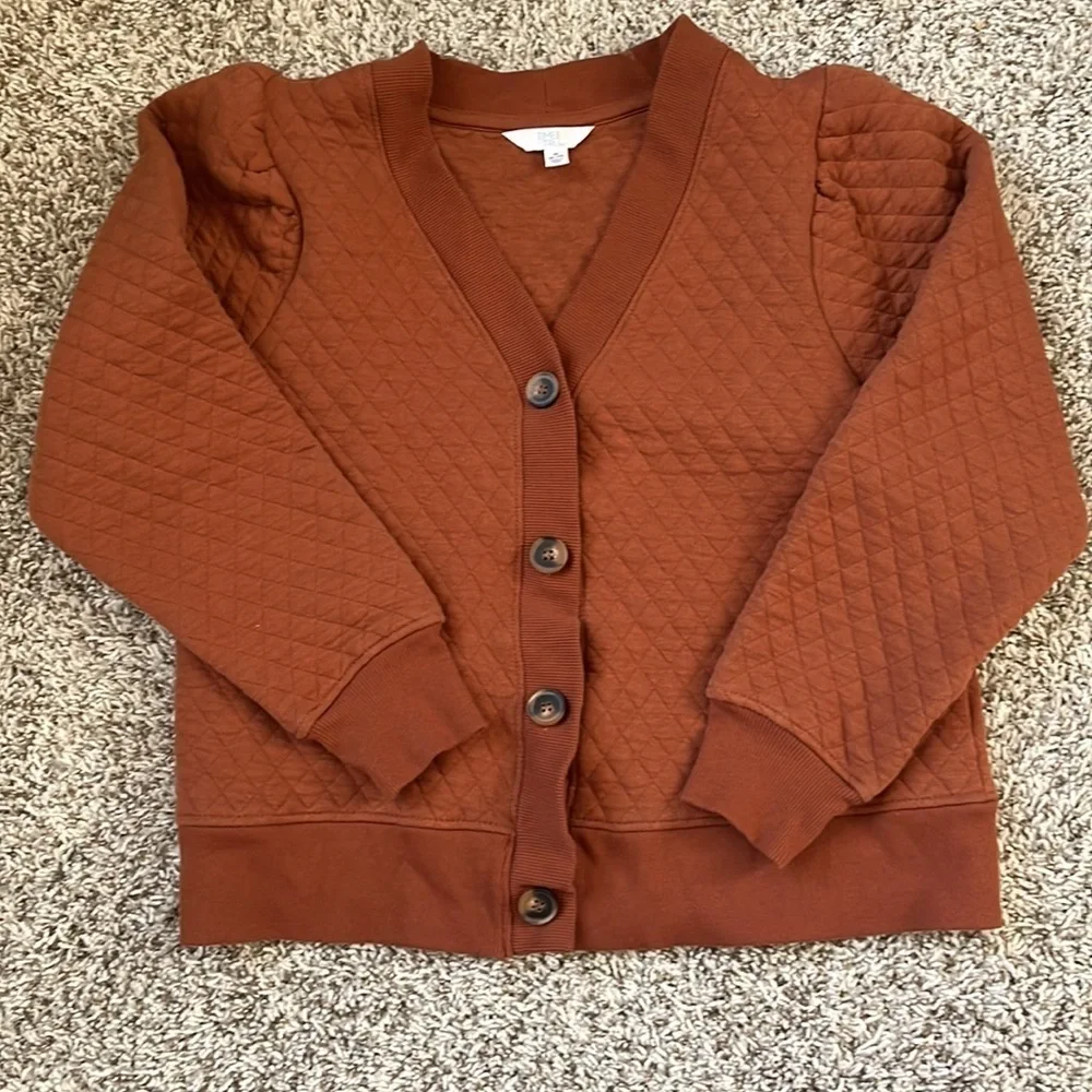 Time and True Coordinating Quilted Puff Sleeve Cardigan Sweater Orange Medium - Picture 2 of 10